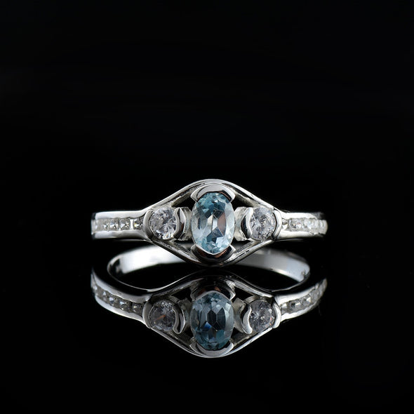 6x4mm Oval Blue Topaz Ring 925 Sterling Silver with White Accents