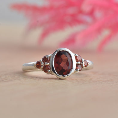 7x5mm Oval Garnet Ring with Accent Stone 925 Sterling Silver