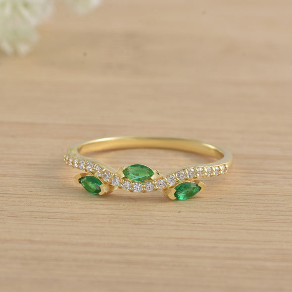 Marquise Emerald Three Stone Ring 925 925 Sterling Silver Gold Plated