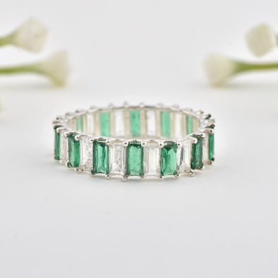 4x2mm Baguette-Cut Emerald & White Stone Eternity Ring - 925 Sterling Silver