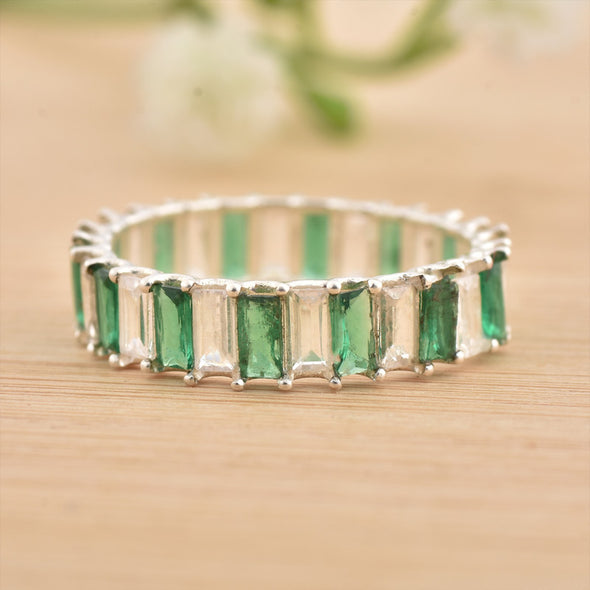 4x2mm Baguette-Cut Emerald & White Stone Eternity Ring - 925 Sterling Silver