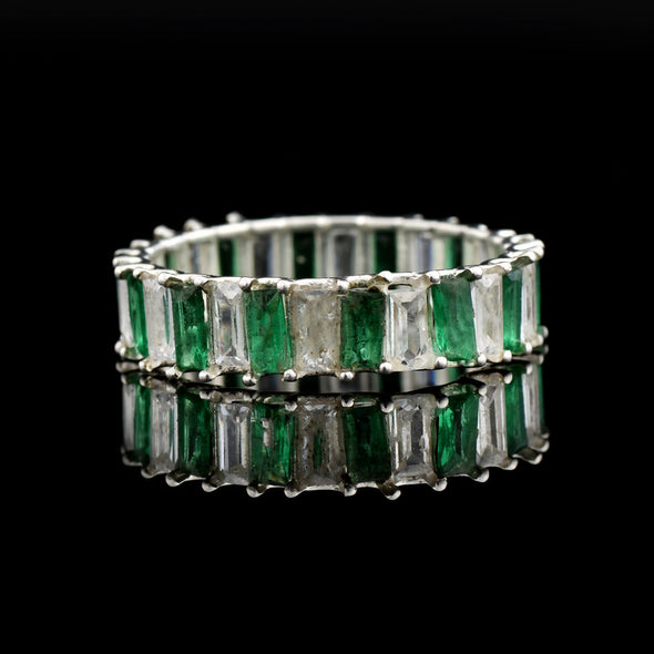 4x2mm Baguette-Cut Emerald & White Stone Eternity Ring - 925 Sterling Silver