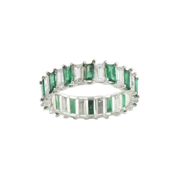 4x2mm Baguette-Cut Emerald & White Stone Eternity Ring - 925 Sterling Silver