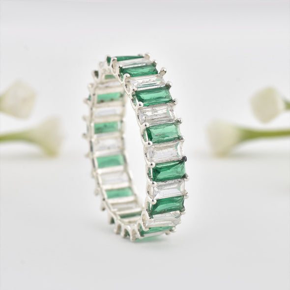 4x2mm Baguette-Cut Emerald & White Stone Eternity Ring - 925 Sterling Silver