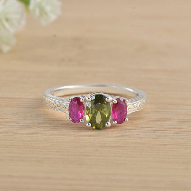 Peridot And Pink Gemstone Three-Stone Ring 925 Sterling Silver