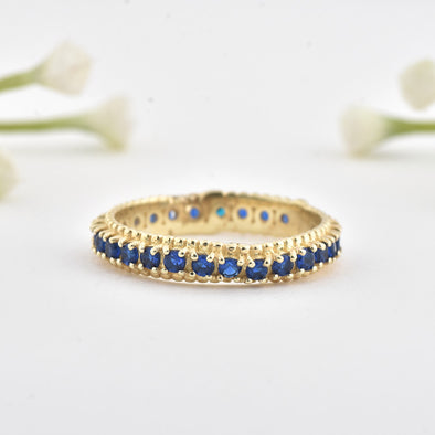2MM Round Blue Sapphire Eternity Band Ring 925 Sterling Silver Gold Plated