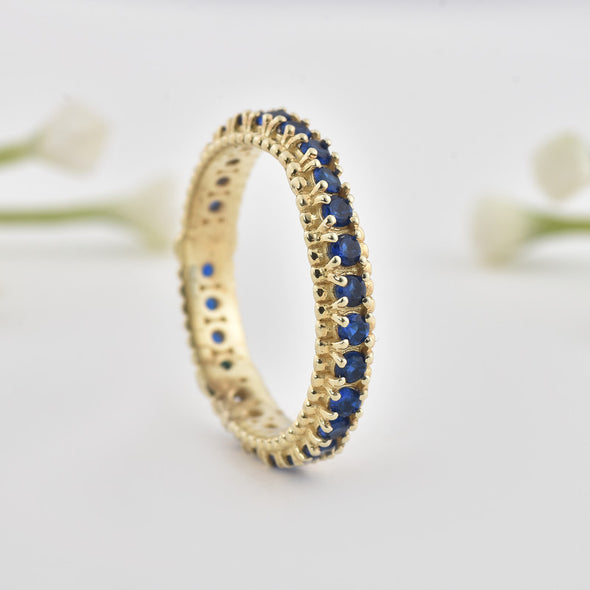2MM Round Blue Sapphire Eternity Band Ring 925 Sterling Silver Gold Plated
