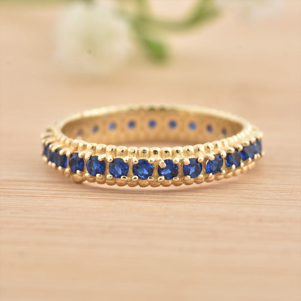 2MM Round Blue Sapphire Eternity Band Ring 925 Sterling Silver Gold Plated