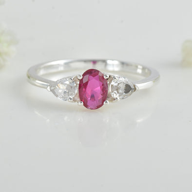 7x5MM Oval Ruby Trio Stone Ring 925 Sterling Silver