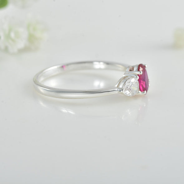 7x5MM Oval Ruby Trio Stone Ring 925 Sterling Silver