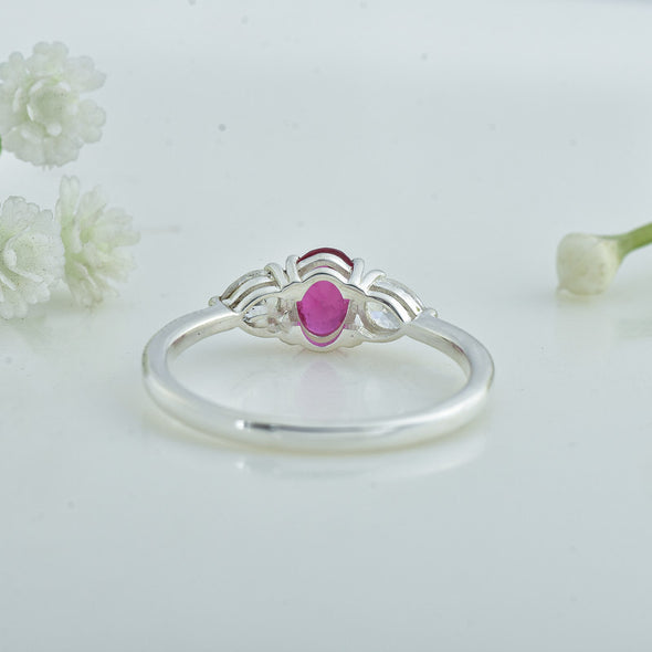 7x5MM Oval Ruby Trio Stone Ring 925 Sterling Silver