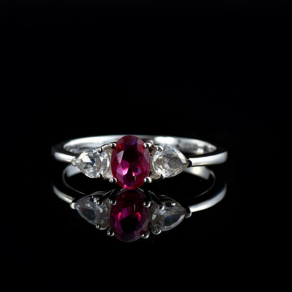 7x5MM Oval Ruby Trio Stone Ring 925 Sterling Silver
