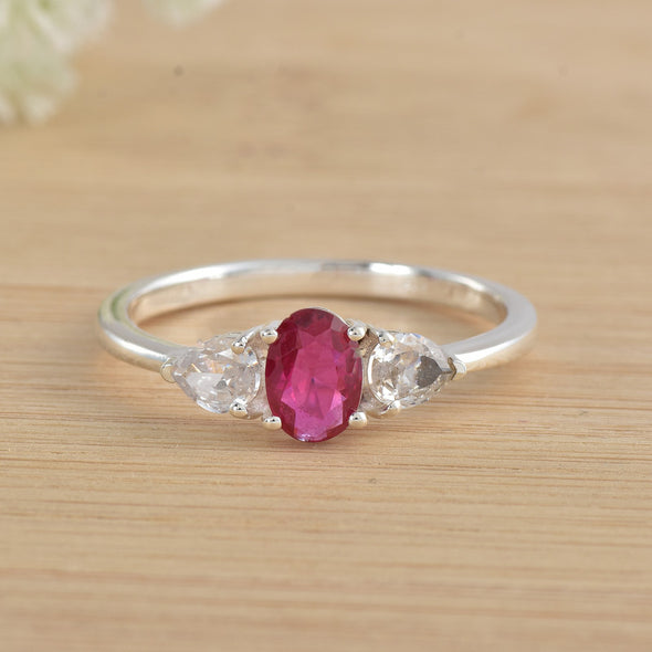 7x5MM Oval Ruby Trio Stone Ring 925 Sterling Silver
