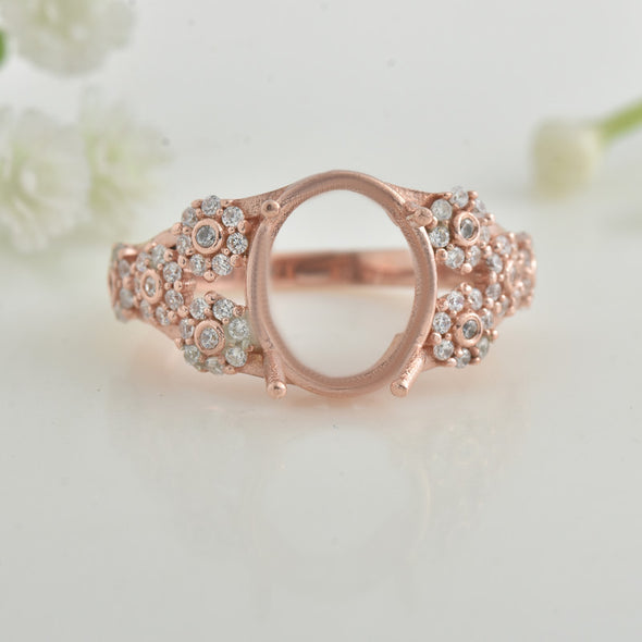 11x9mm Oval Semi-Mount Ring 925 Sterling Silver Rose Plated