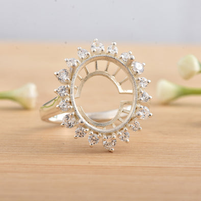 14x12mm Oval Semi-Mount Halo Accents Ring 925 Sterling Silver