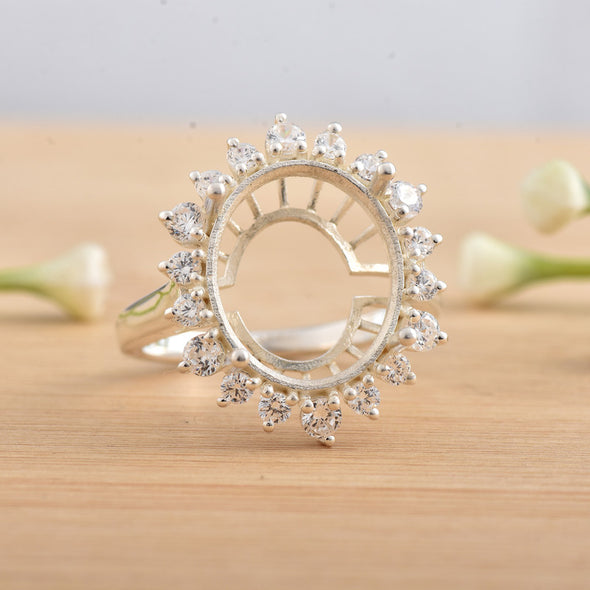 14x12mm Oval Semi-Mount Halo Accents Ring 925 Sterling Silver