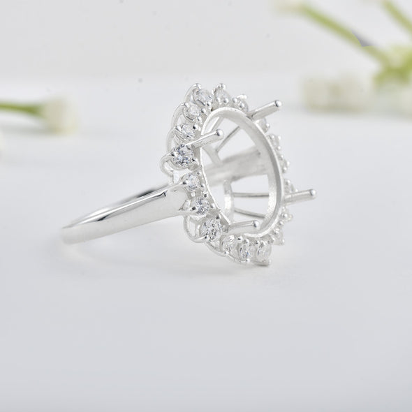 14x12mm Oval Semi-Mount Halo Accents Ring 925 Sterling Silver