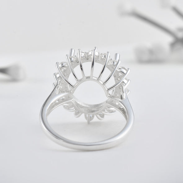 14x12mm Oval Semi-Mount Halo Accents Ring 925 Sterling Silver