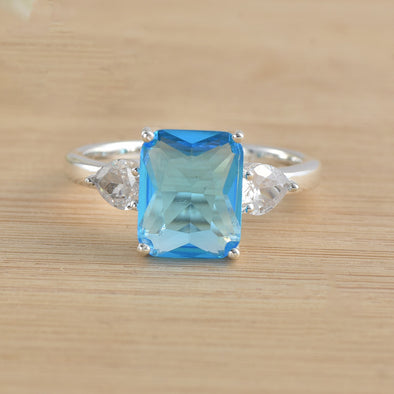 10x8mm Octagon Swiss Blue Topaz Three stone Ring 925 925 Sterling Silver