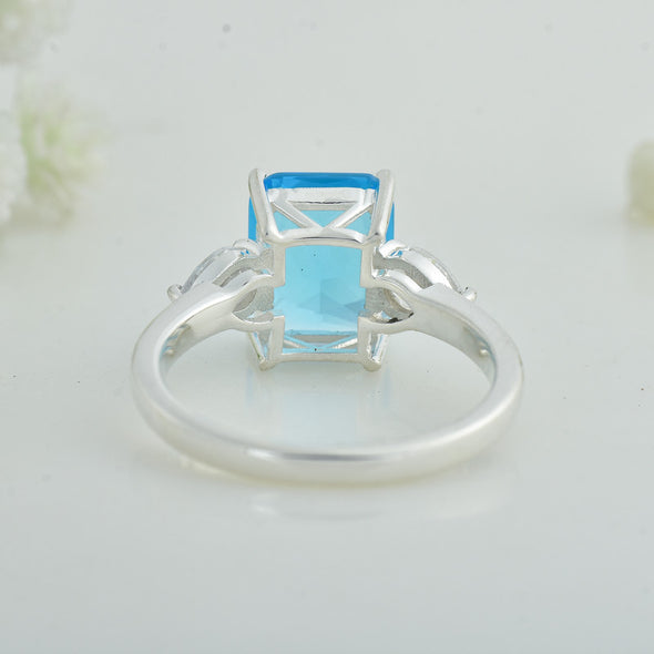 10x8mm Octagon Swiss Blue Topaz Three stone Ring 925 925 Sterling Silver