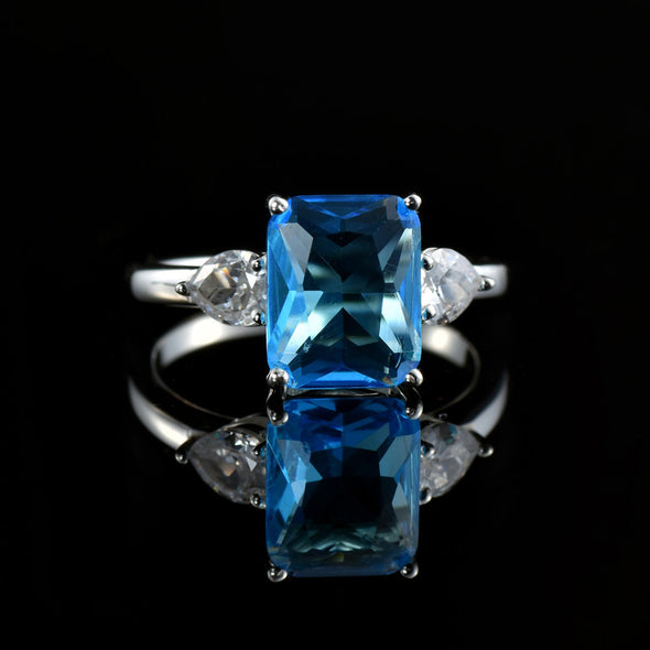 10x8mm Octagon Swiss Blue Topaz Three stone Ring 925 925 Sterling Silver