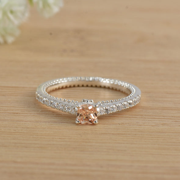 4x4mm Cushion Morganite Side Accents Ring 925 Sterling Silver
