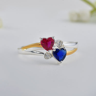 5x5mm Heart Blue Sapphire & Ruby Two-Tone 925 Sterling Silver Ring