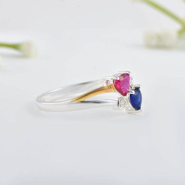 5x5mm Heart Blue Sapphire & Ruby Two-Tone 925 Sterling Silver Ring