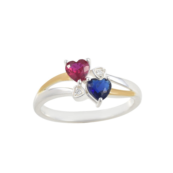 5x5mm Heart Blue Sapphire & Ruby Two-Tone 925 Sterling Silver Ring