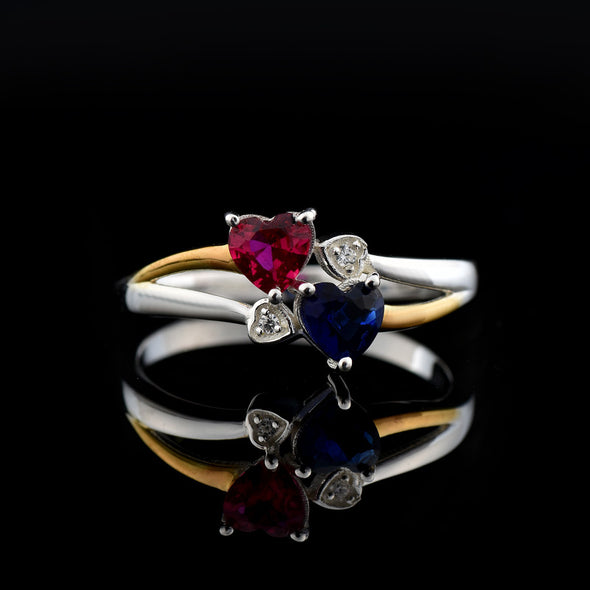 5x5mm Heart Blue Sapphire & Ruby Two-Tone 925 Sterling Silver Ring
