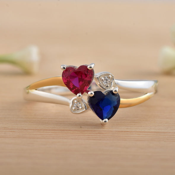 5x5mm Heart Blue Sapphire & Ruby Two-Tone 925 Sterling Silver Ring