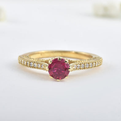 6x6 mm Round Ruby Side Accent 925 Sterling Silver Yellow Plated Ring
