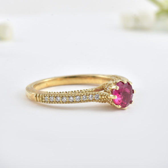 6x6 mm Round Ruby Side Accent 925 Sterling Silver Yellow Plated Ring