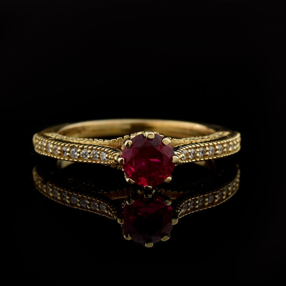 6x6 mm Round Ruby Side Accent 925 Sterling Silver Yellow Plated Ring
