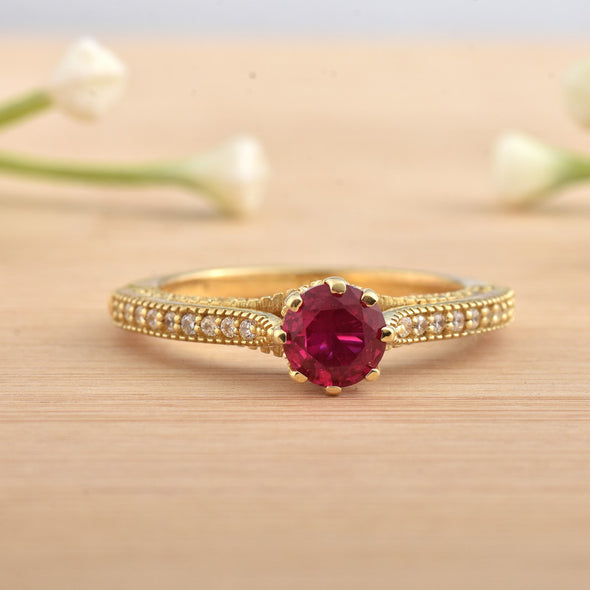 6x6 mm Round Ruby Side Accent 925 Sterling Silver Yellow Plated Ring